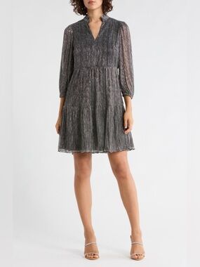 Vince Camuto Novelty Ruffle Neck Long Sleeve Trapeze Dress Silver Metallic